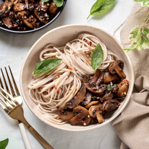 Vegan Balsamic & Basil Mushrooms With Soba Noodles