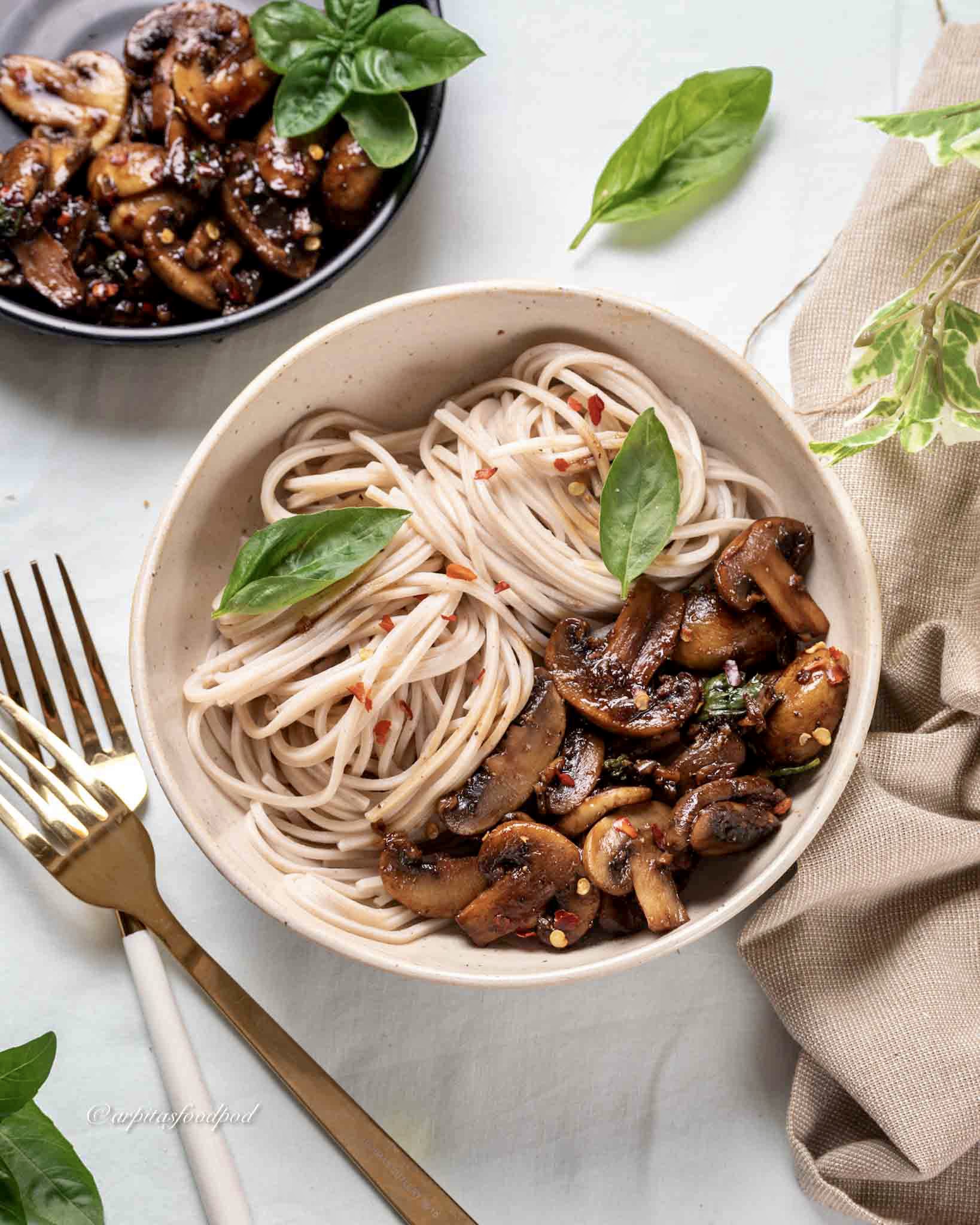 Vegan Balsamic & Basil Mushrooms With Soba Noodles