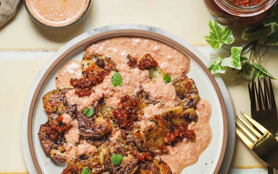 Smashed Potatoes With Harissa Yogurt Sauce