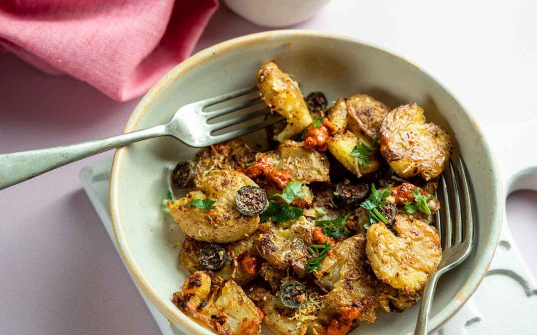 Roasted Smashed Potatoes & Caper berries